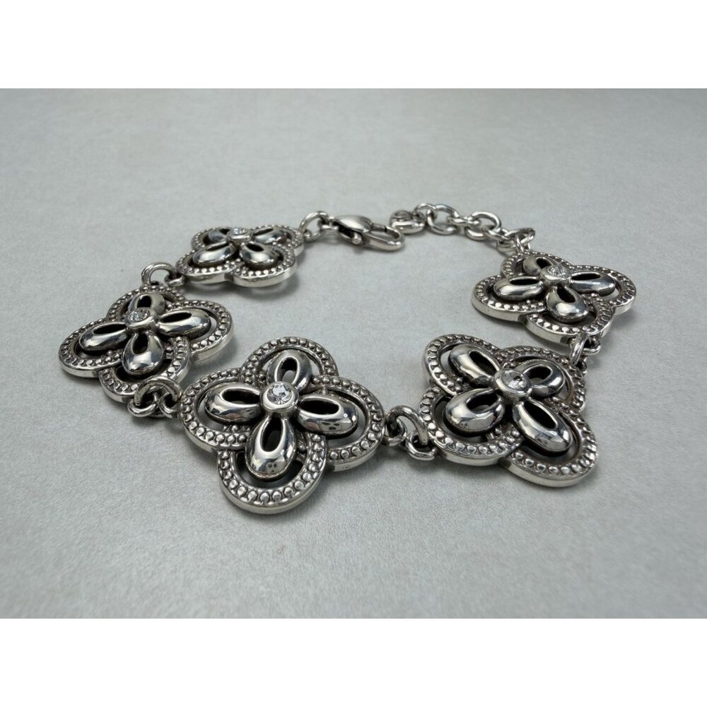 Brighton Silver Plated Floral Link Bracelet Crystal Accent Classic Adjustable